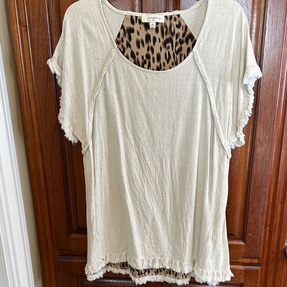 Umgee Cream Fringe Blouse with Leopard Accent